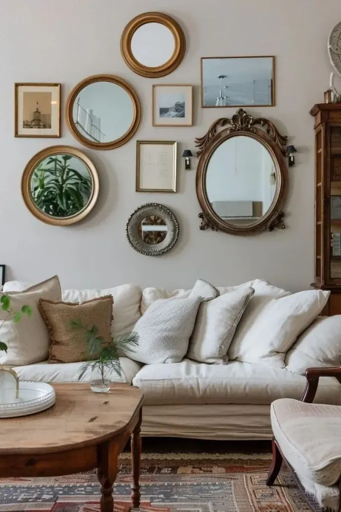 Burada görüldüğü gibi mobilyaları karıştırıp eşleştirin: modern bir kanepe ve sandalye, vintage bir masa ve duvarda aynalar.