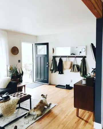 Bu küçük modern çiftlik evi nişi, ayna, raf, ayakkabı tepsisi ve bitkilerle dekore edilmiş.