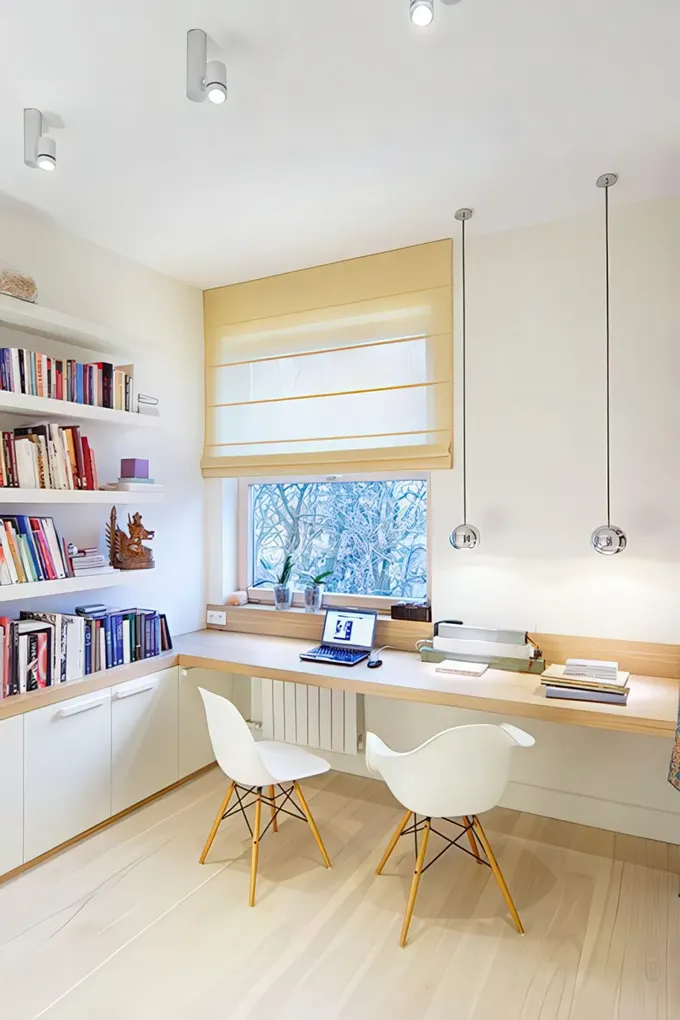 Duvara uzanan modern pencere pervazı, birkaç kişi için yeterli alan sunuyor.