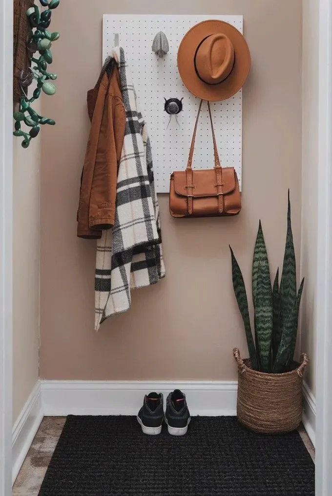 Küçük giriş köşesi halı, bitki ve kancalı pegboard ile basit ama işlevsel dekore edilmiş.