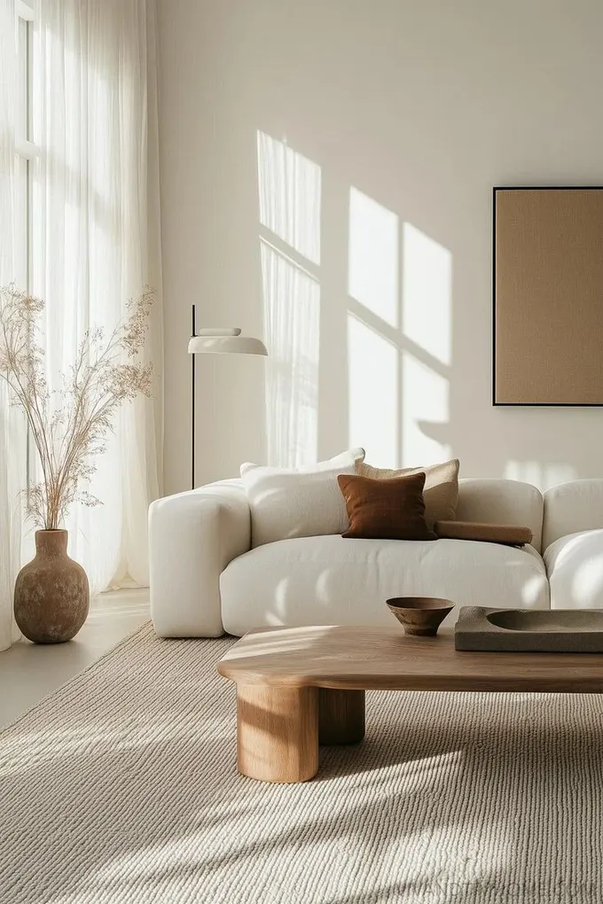 Doğal ışıkla dolu minimalist oturma odası, boyalı ahşap ve dokulu bir halı içeriyor.