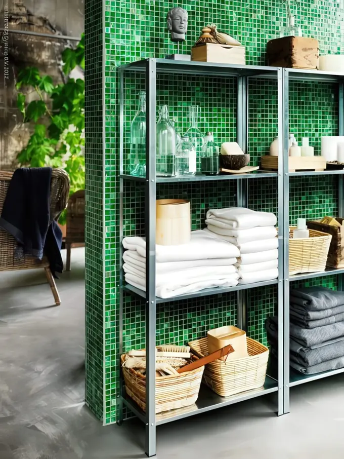 IKEA Hyllis rafları havlular ve tüm banyo malzemelerini saklamak için kullanılmış.