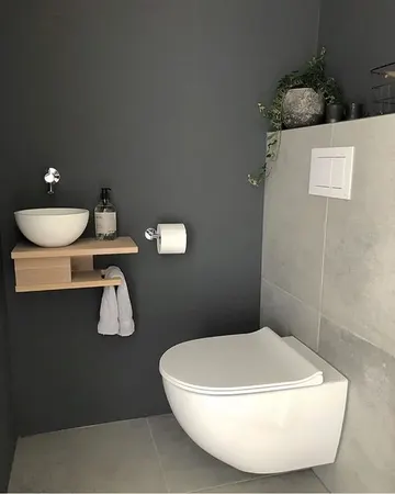 Taş fayanslı, duvara monte ahşap dolaplı, kabuk lavabo ve saksı bitkili küçük misafir tuvaleti.