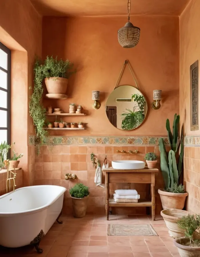 Tamamen terra cotta tonlarında tasarlanmış Fas tarzı banyo, yeşil bitkilerle fayanslara kontrast yaratıyor.