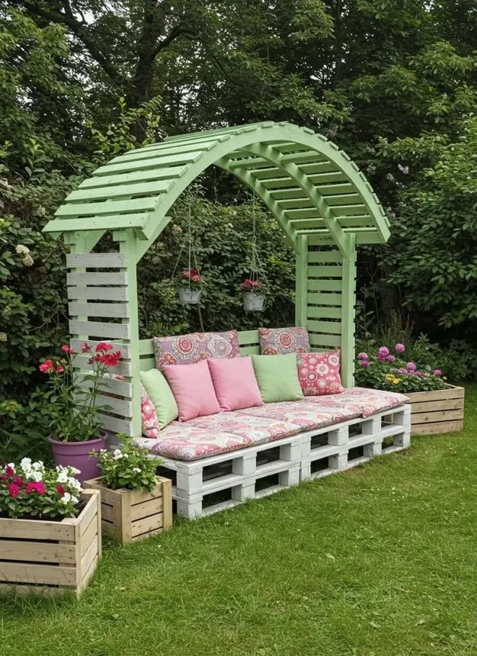 Kavisli çatılı yeşil pergola, çok sayıda yastık ve çevresini saran çiçeklerle donatılmış.