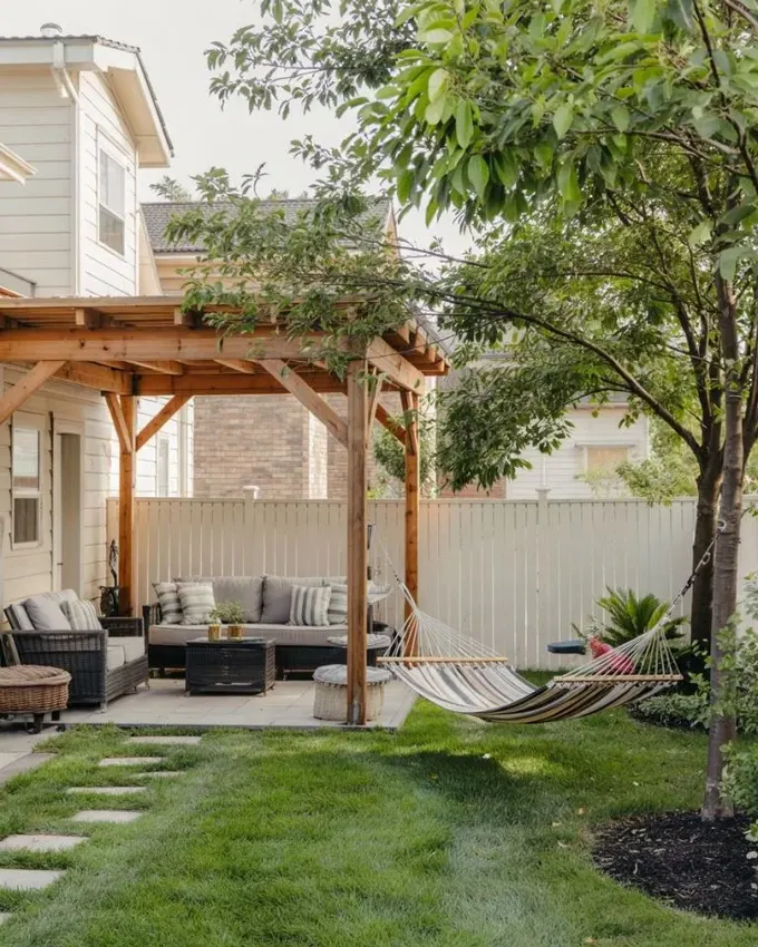 Sağlam çatılı pergola, bahçe için güzel bir çözüm ve gerçek gölge sağlar.
