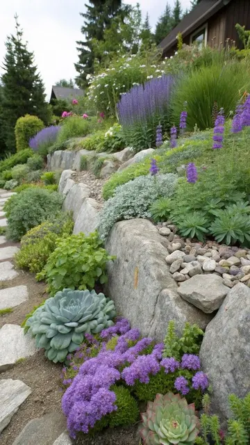 Bu eğimli xeriscape, taşlar ve çakıllarla yapılmış, aralarında yeşillik ve parlak çiçekler görünüyor.