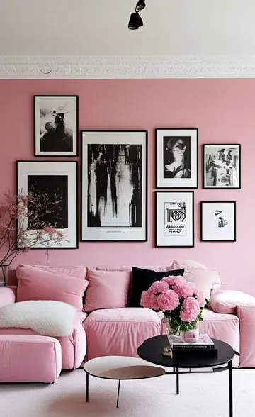 Bu sevimli oturma odası, siyah ve pembe mükemmel renk uyumunu, şık bir galeri duvarı ve çiçeklerle sergiliyor.