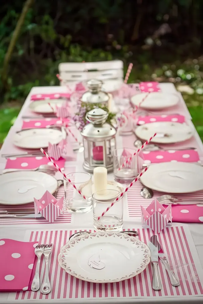 Neşeli pembe çizgiler ve puantiyeler, gümüş fenerler, şeker çizgili pipetler, taç şeklinde isim kartları. Kutlama dolu canlı baby shower masası.