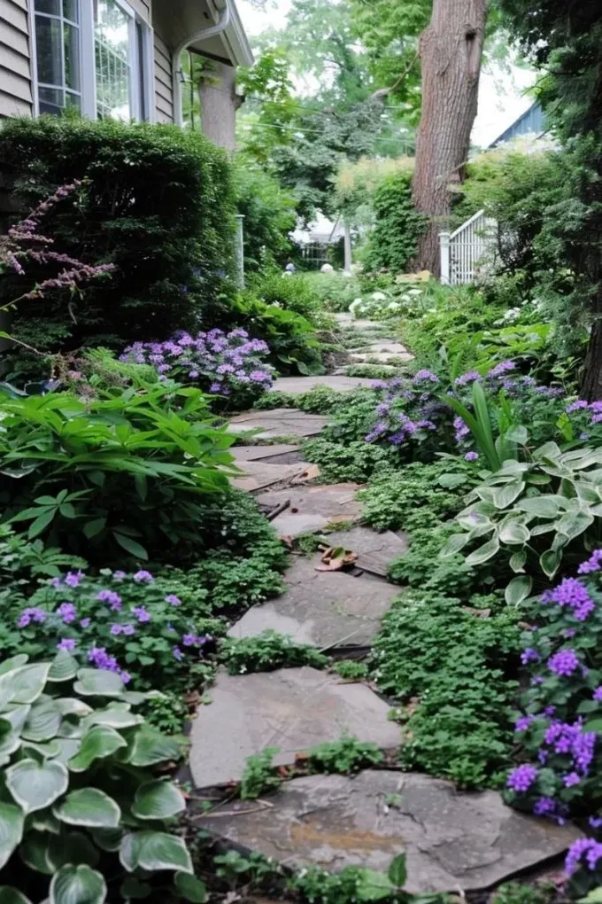 Bu yemyeşil gölge bahçesi bir xeriscape. Yer örtücüler, çeşitli yeşillik tabakaları, ağaçlar ve çiçekler az bakım gerektirir.