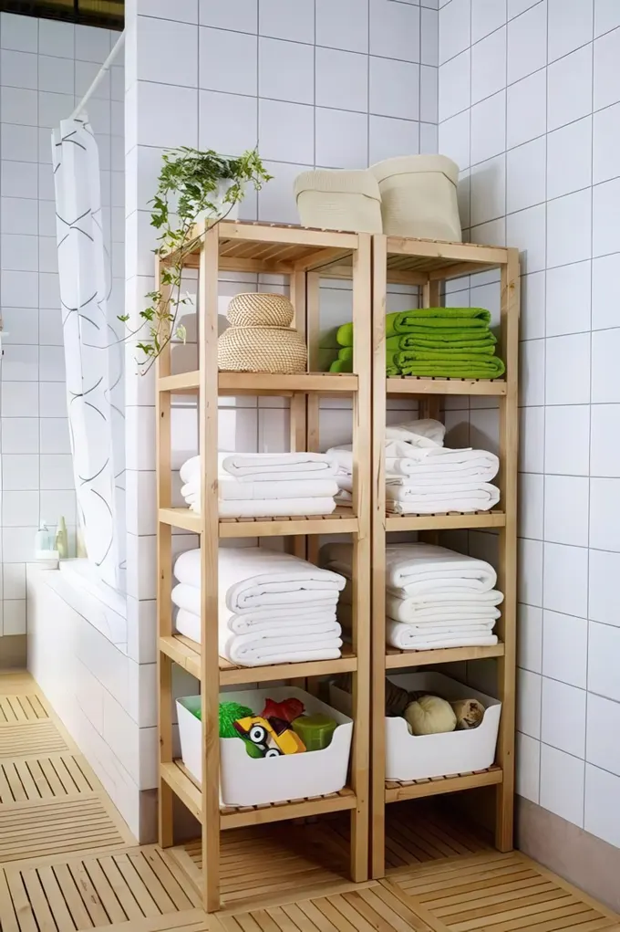IKEA Molger rafları, havlular, sabun ve köpük sepetleri, çocuk oyuncakları ve diğer eşyalara ev sahipliği yapar.