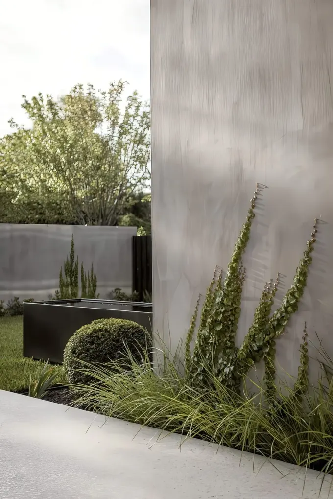 Bu minimalist bahçe beton, metal, otlar, yeşillik ve yeşil sarmaşıklarla tasarlanmış.