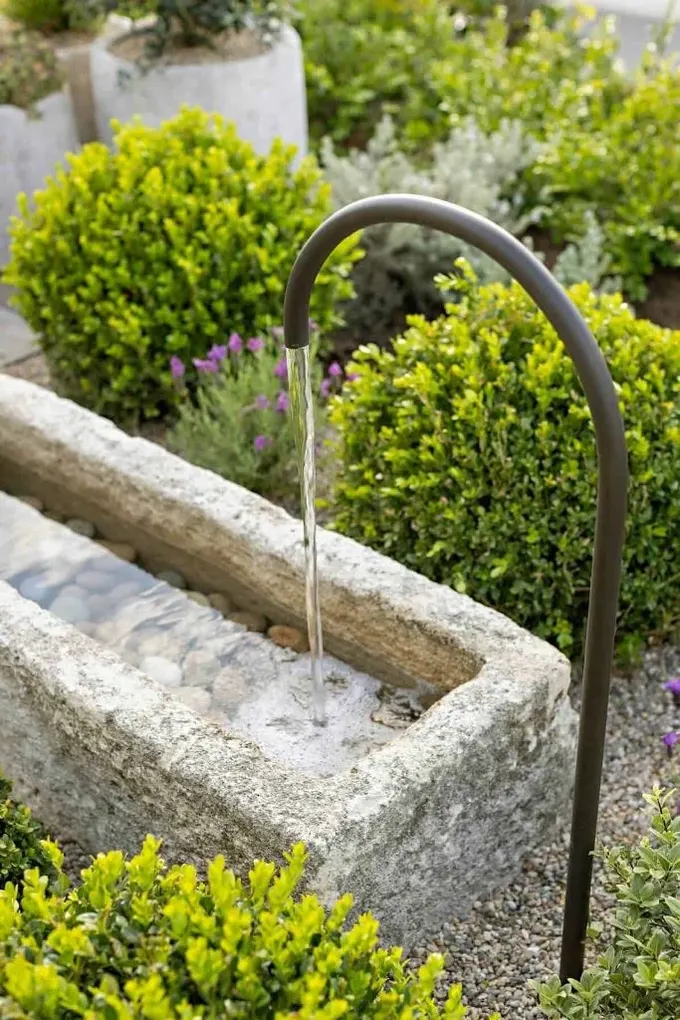 Modern Akdeniz alanı için taş kap ve metal aparatlı su ögesi seçeneği.