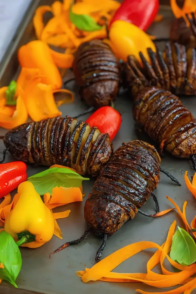 Böcek görünümlü fırınlanmış hasselback patatesler, Cadılar Bayramı için sağlıklı ve korkutucu atıştırmalık.
