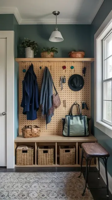 Nötr renkli pegboard burada raf ve askılarla kullanılmış. Sepetli depolama bankıyla şık bir çiftlik tarzı antre oluşturulmuş.
