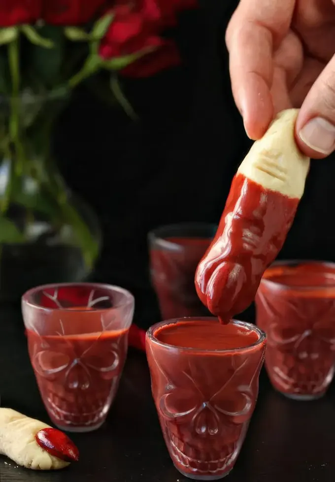 Parmak şeklinde kurabiyeler ve çilek sosu, oldukça ürkütücü Cadılar Bayramı tatlıları yapmanıza yardımcı olur.