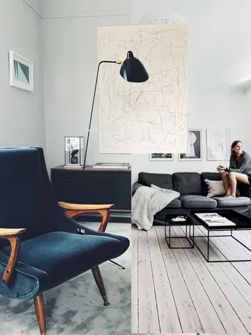 Çok açık gri ve beyaza boyanmış yüzeyler mekanı aydınlık ve davetkar yaparken, koyu lacivert ve gri mobilyalar kontrast oluşturuyor.