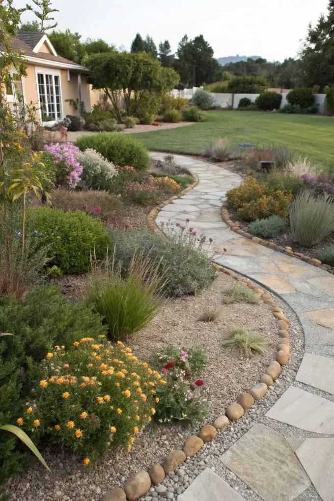 Çim olsa da miktarı azaltılarak basit çalılıklar ve çiçeklerle xeriscape yaratılmış.