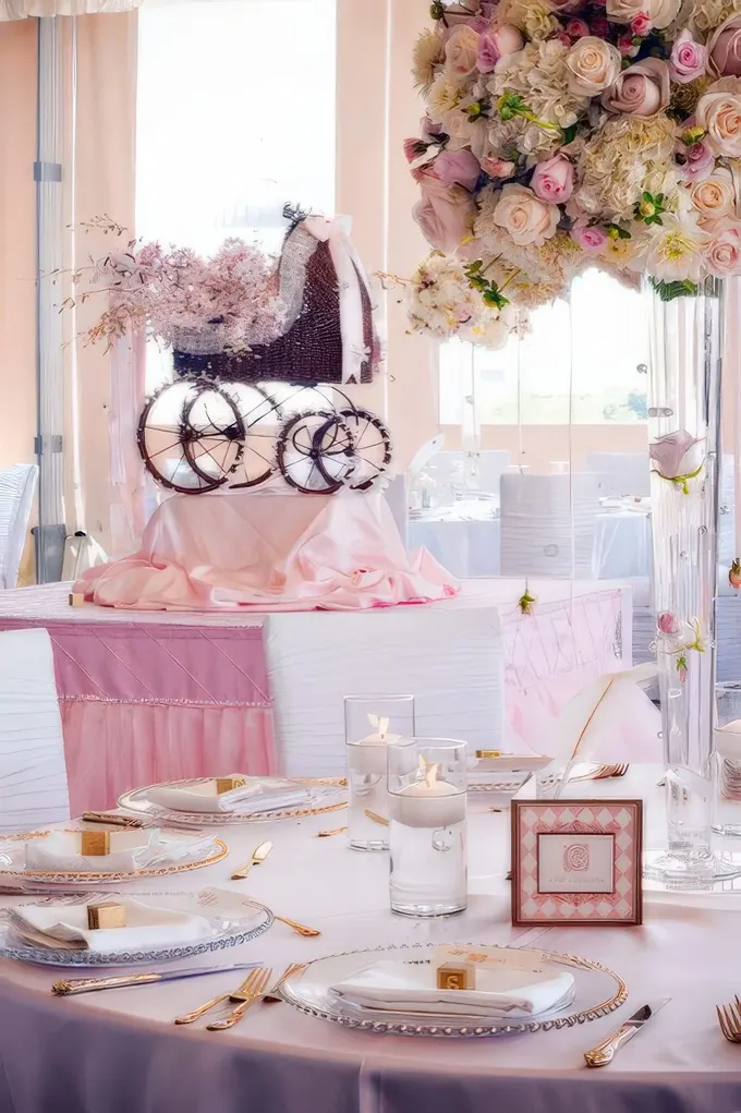 Lüks pembe an: boncuklu tabak altlıkları, yüzen mumlar, vintage bebek arabası süsü—parlak bir bebek partisi atmosferi.