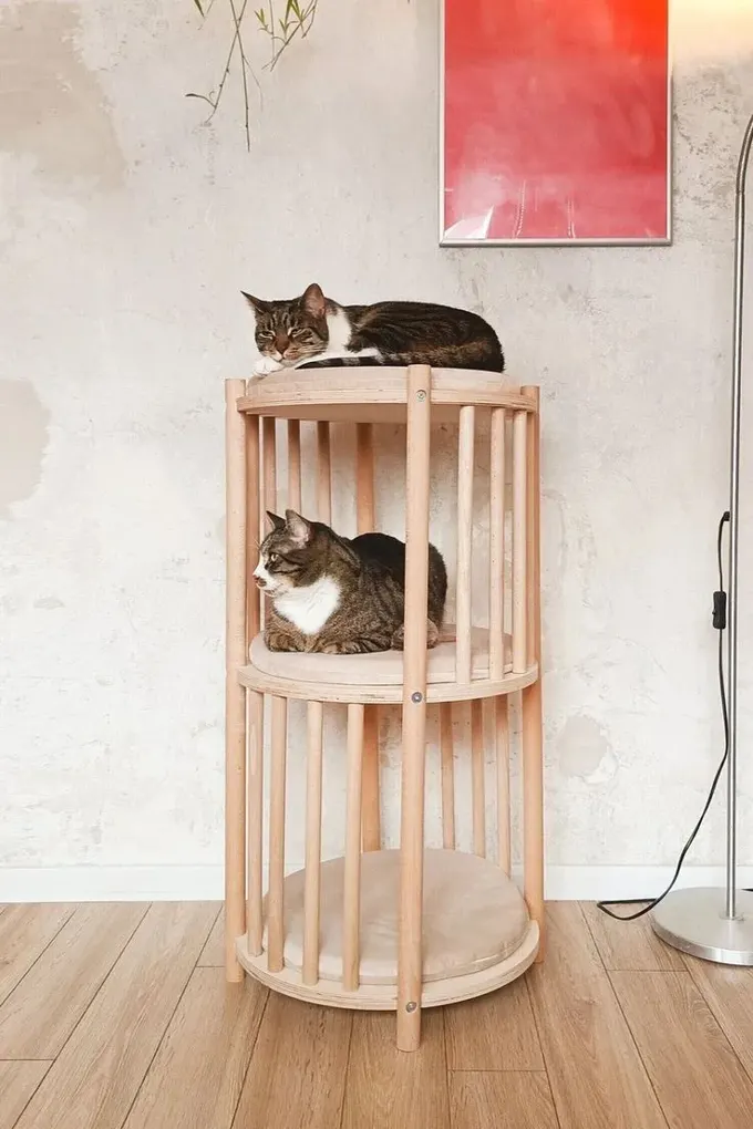 Katlı kedi yatağı, üç kedinin aynı anda kullanabileceği küçük bir kedi merkezi gibi.