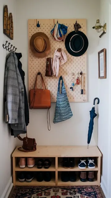 Bu küçük giriş alanı depolama bankı, pegboard ve duvardaki birkaç kanca ile düzenli.