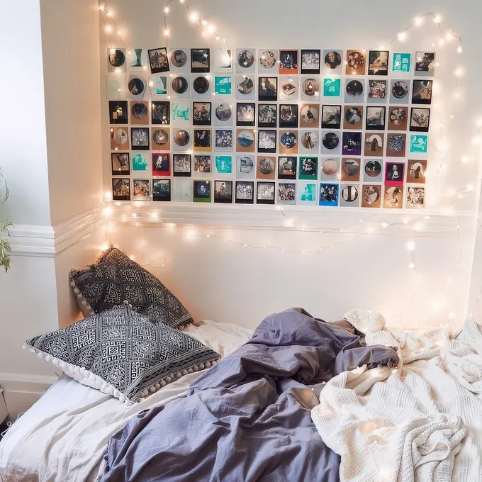 Polaroid fotoğraf duvarını gevşek peri ışıklarıyla vurgulayın. Anılarınızı göstermek ve yatak alanınızı kişisel ve şık yapmak için eğlenceli bir yol.