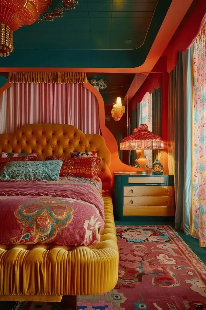 Canlı pembe, sarı ve yeşil tonlarında retro yatak odası çok dikkat çekici ve eğlenceli görünüyor.