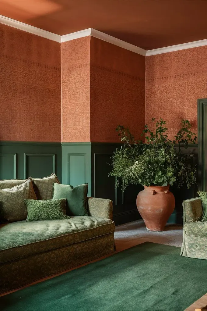 Terracotta tavan ve duvarlar yeşil duvar panoları, yeşil mobilyalar ve dikkat çekici bir bitkiyle tamamlanmış.