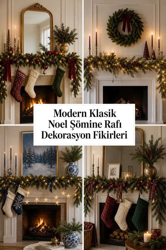 Modern Klasik Noel Şömine Rafı Dekorasyon Fikirleri