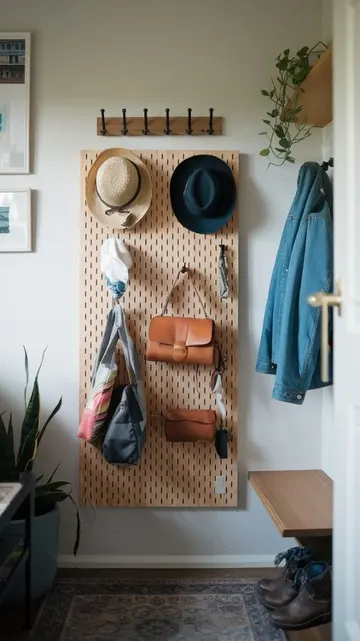 Küçük bir bank, raf, askılık ve pegboard ile giriş başarılı bir şekilde düzenlenmiş.