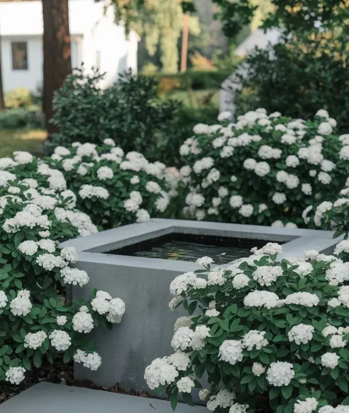 Modern beton havuz, görünümünü yumuşatan Pieris Japonica çalılıklarla çevrili.