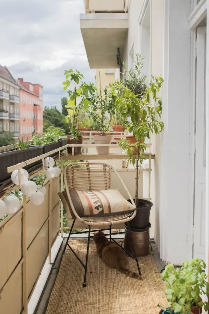 Balkon çok küçük olsa da, rahat bir oturma alanı ve saksıda baharatlar var.