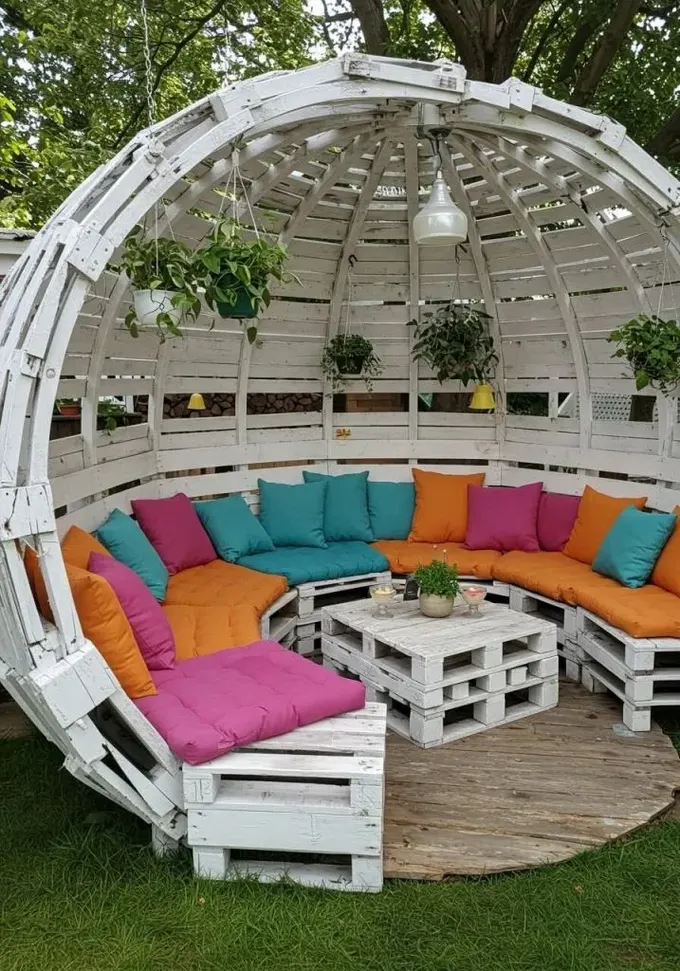 Beyaz küresel palet pergola, renkli yastıklar ve üstünde asılı saksı bitkileriyle dikkat çekiyor.