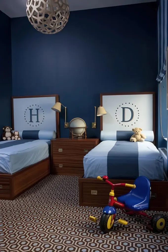 Koyu ahşap çerçeveli ikiz yataklar, monogram başlıklar ve zengin mavi tonlarıyla sofistike bir paylaşımlı oda. Geometrik desenli halı modern bir dokunuş eklerken, sıcak ahşap mobilyalar ve pirinç okuma ışıkları samimi bir atmosfer yaratıyor.