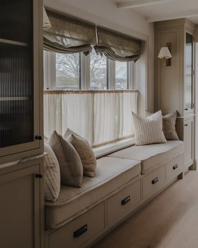 Pencere pervazında yerleşik mobilyalar ve bir daybed ile şık bir alan oluşturulmuş. Cafe perdeleri daybed alanına daha fazla mahremiyet katıyor.