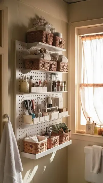Raf ve organizerlere sahip bir pegboard, tezgah alanını çok tasarruflu kullanan harika bir banyo fikri.