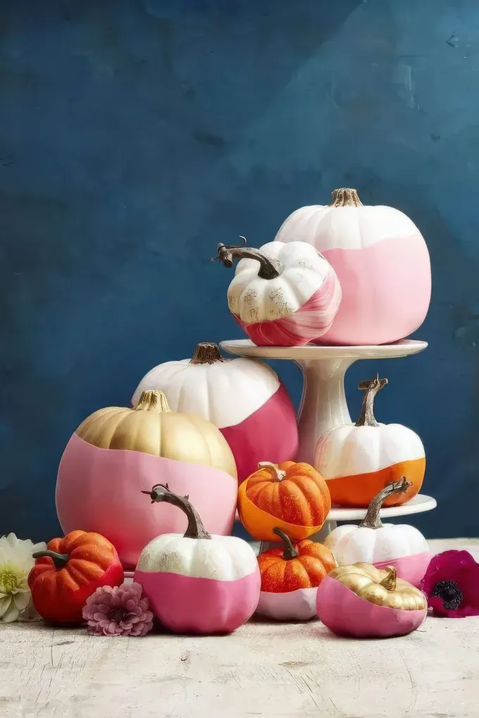 Beyaz, pembe, bordo, altın ve turuncudan oluşan renk bloklu modern kabaklar, cesur Halloween dekoru için birebir.
