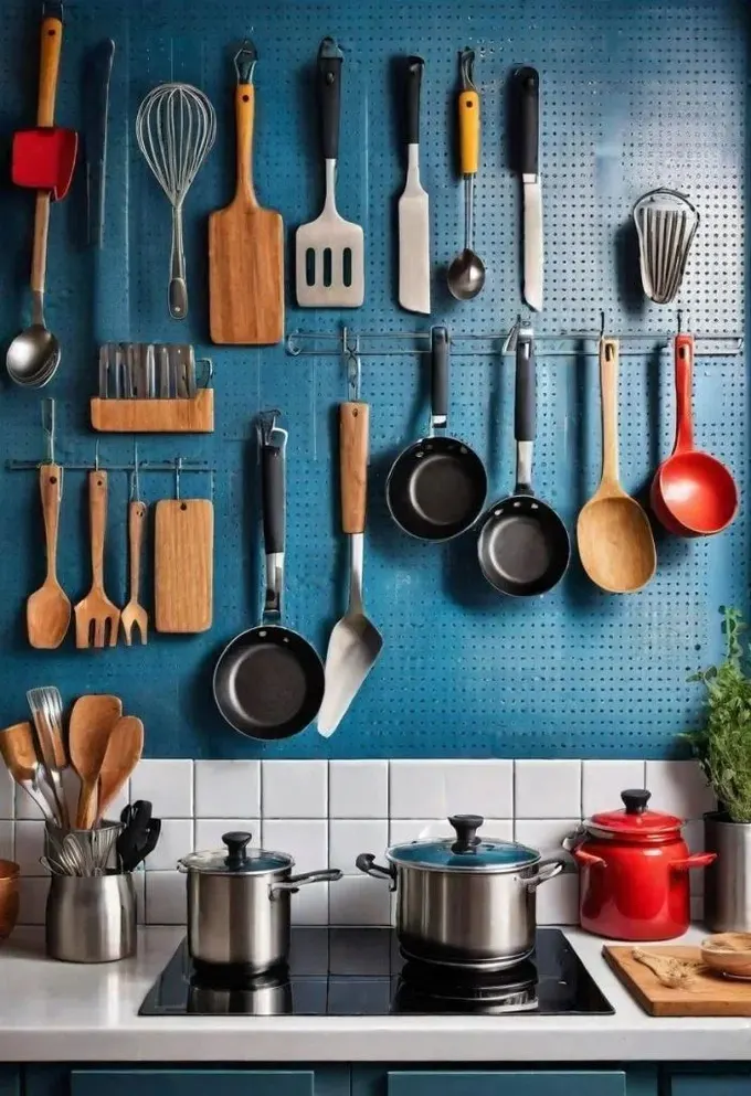 Lacivert pegboard, kancalar ve düzenleyicilerle üst dolap veya raf yerine yaratıcı bir mutfak depolama çözümüdür.