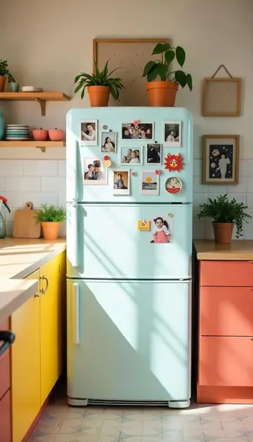 Nane yeşili bu buzdolabı, aile fotoğraflarından oluşan Polaroidlerle süslenmiş.