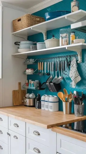 Bu raf, mutfağı daha kullanışlı hale getirmek için askı görevi gören bir ray içeriyor.