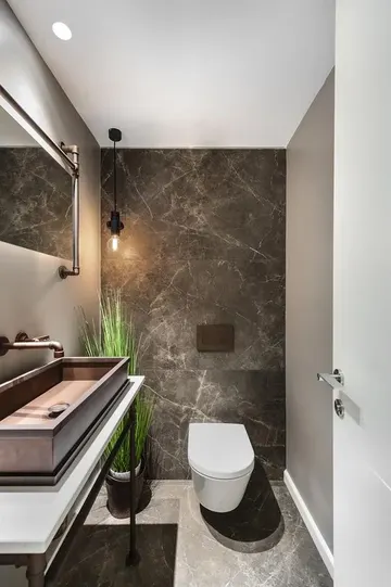 Taş karolar, büyük metal lavabo, yapay saksı bitkisi ve endüstriyel hava veren borularla şık misafir tuvaleti.