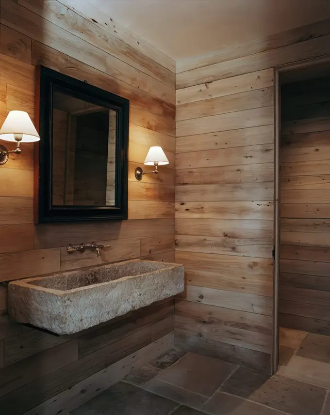 Ahşap kaplı çok basit bir ahır banyosu, aynalı ve taş duvara monte lavabo.