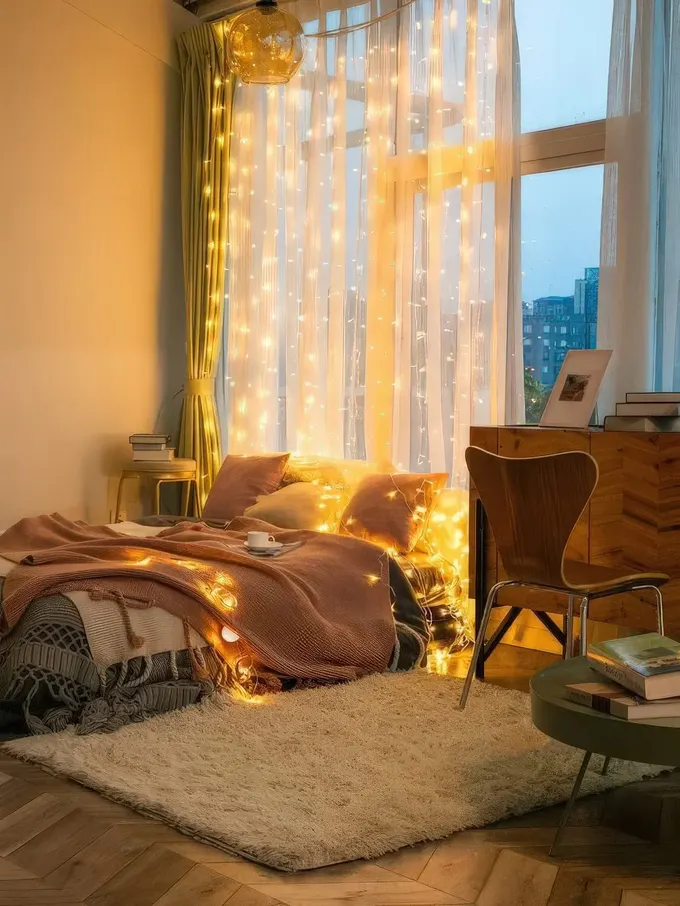 Boyalı çalışma masası, kontrplak sandalye, pastel ton yatak ve ışıklı perdeyle sıcak atmosferli yatak odası.