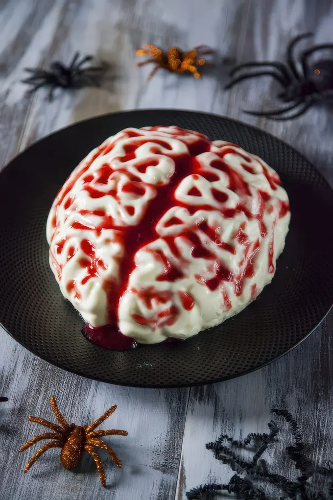 Beyin şeklinde panna cotta, üzerine çilek sosu ile Cadılar Bayramı'nda denemek için korkutucu bir tatlı.