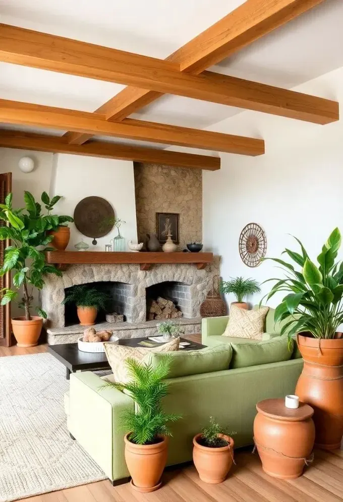 Oturma odasında şömine çevresinde yeşil bir kanepeyle oturma alanı oluşturulmuş. Terracotta saksılar ve ahşap detaylar uyumlu.