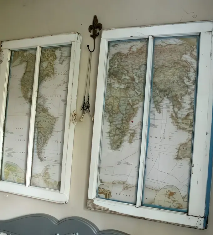 Eski pencere pervazlarında haritalar, shabby chic veya vintage yatak odaları için dikkat çekici ve hoş duvar dekorları.