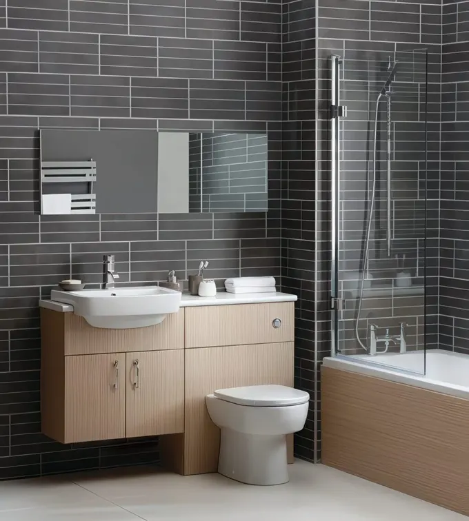 Açık renkli ahşapla kaplanmış lavabo ve tuvalet kombinasyonu.