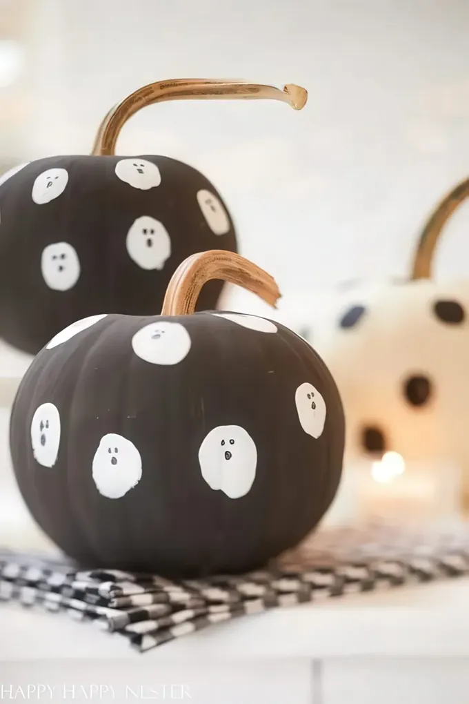 Mat siyah boyalı, hayaletli kabaklar, çocuklar için pratik ve eğlenceli Halloween partisi süsleri.