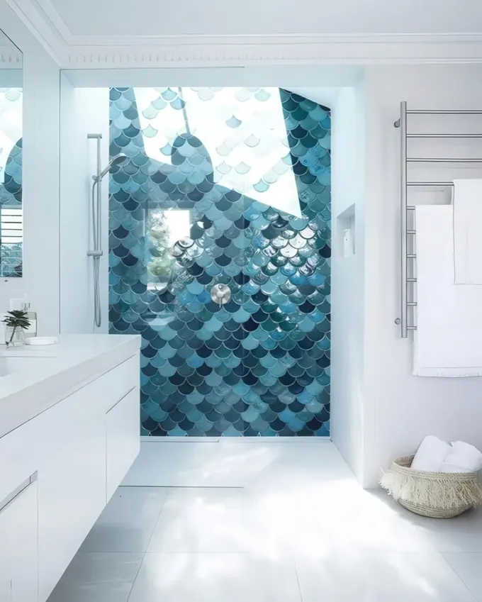 Balık pulu desenli fayanslar ve tavan penceresiyle yapılan duş, özel kalırken spa deneyimi yaşatıyor.