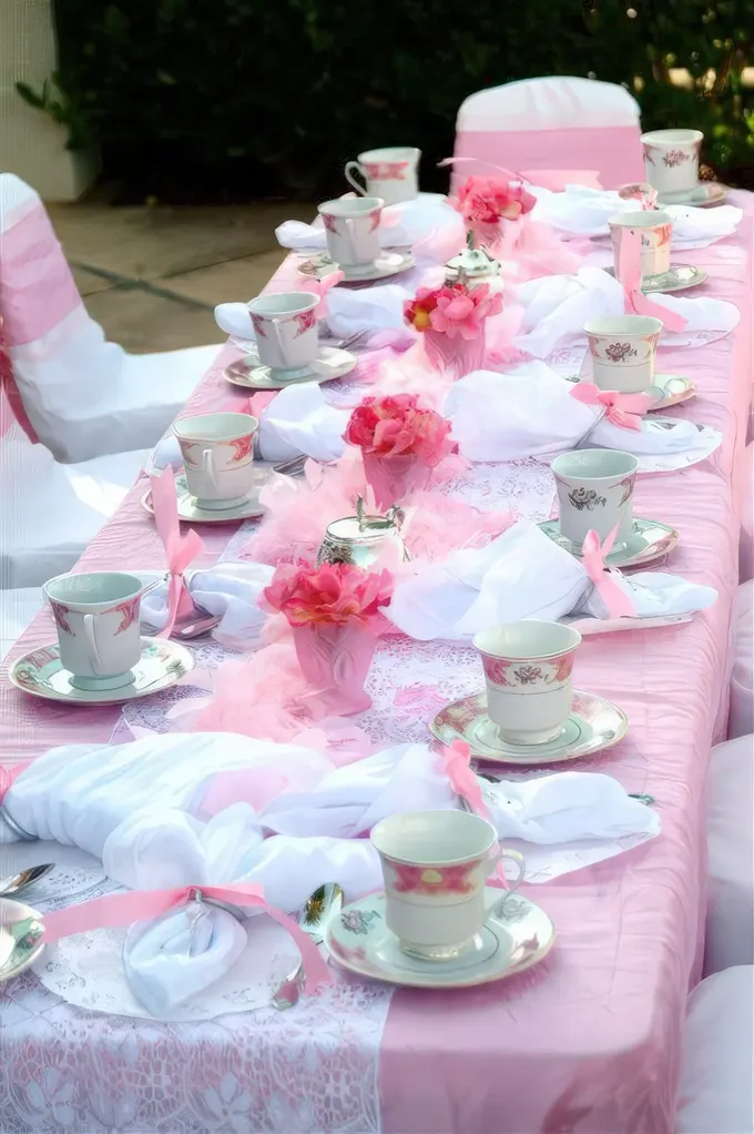 Çay saati klasiği—dantel koşucu, vintage çay fincanları, pembe kurdelelerle yumuşak ve kızlara özel bir atmosfer.